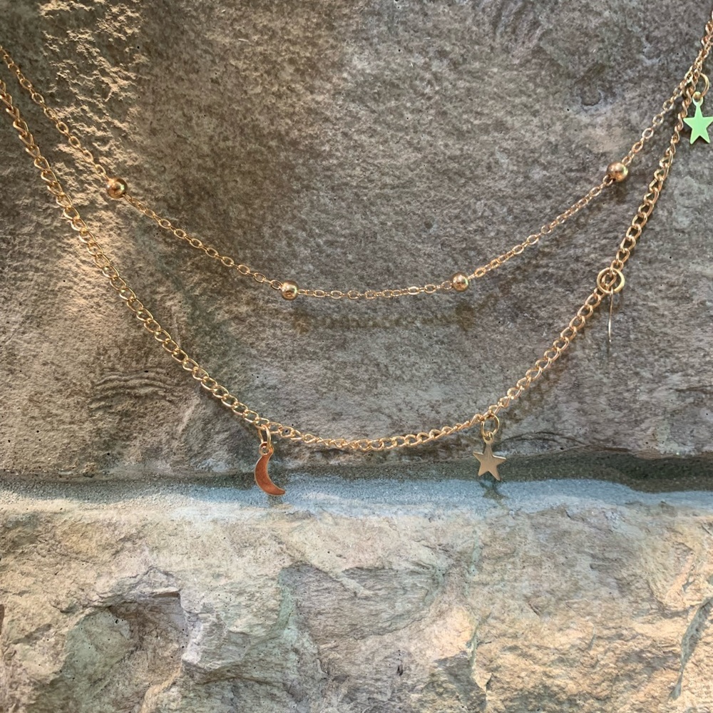 13"-15.5" Adjustable Golden Beaded Star and Moon Small Chain Link Dual Necklace